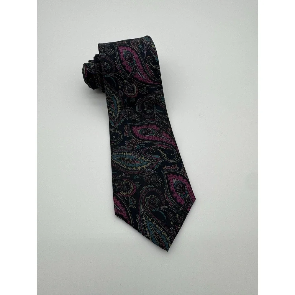 Bert Pulitzer Silk Tie Paisley Black Pink Teal Made in USA Necktie Classic Width